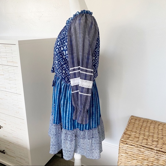 Hemant & Nandita Susan Indigo Dress Long Sheer Sleeve Gorgeous Mixed Boho Print - Picture 6 of 15